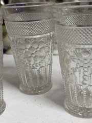 Vintage Pressed Glass Tumblers Set of 3 Floral Grape Diamond Pattern Starburst