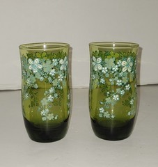 Vintage Mid Century Modern Tumblers 2 ea Avocado Green Flower Power Glass Retro
