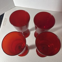 4 Juliska Arabella Ruby Red Water Goblets Optic Swirl Footed Glasses 6 3/4
