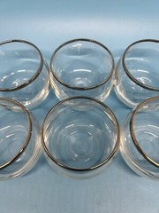 Set Of MCM Dorothy Thorpe Style Pitcher Decanter 6 Roly Poly Silver Trim Glasses