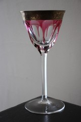 Vintage Czech Moser Crystal Wine Glass Gold Gilded Etched Logo Set of 5 Used