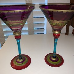 Pier 1 Festive Hand Painted Jewel Tones 2 Martini Glasses Magenta, Teal, Gold
