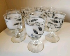 Vintage Libbey Set of 8 Silver Leaf Frosted Wheat Water Goblets Wine Glasses