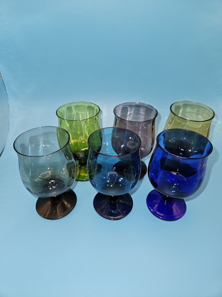 Set Of 6 Colored Swirled Glass Footed Cordials/Small Tumblers