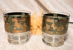 2 Vintage Cera «Golden Grapes Green» Old Fashioned / Cocktail Glasses 3 3/4″