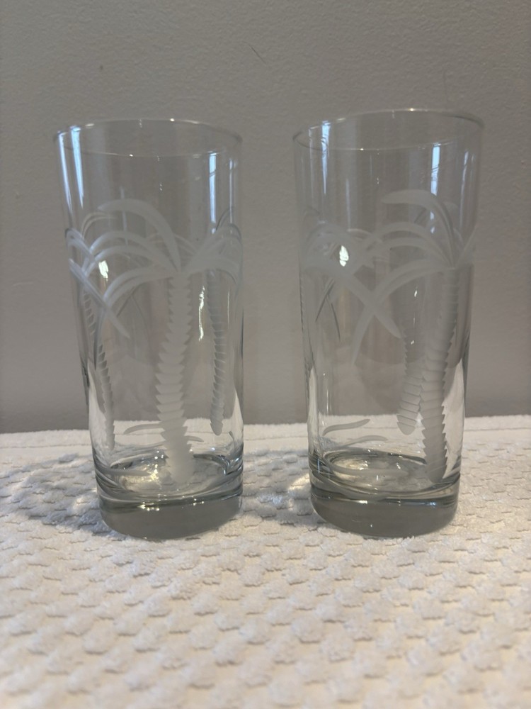 Highball Glasses Etched Palm Tree Set of 2 Tall Glasses by Rolf. 14 Oz
