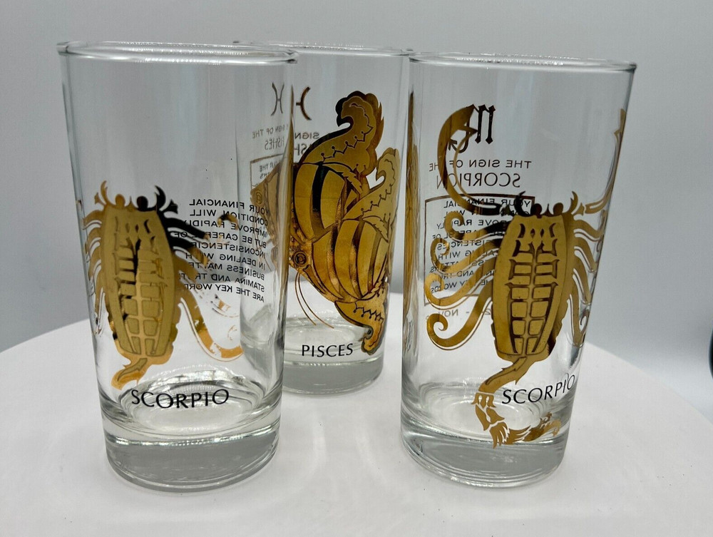 Anchor Hocking PISCES SCORPIO ZODIAC GLASS Black and Gold 22k GOLD LOT OF 3