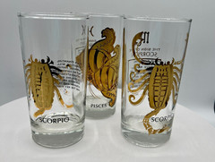 Anchor Hocking PISCES SCORPIO ZODIAC GLASS Black and Gold 22k GOLD LOT OF 3