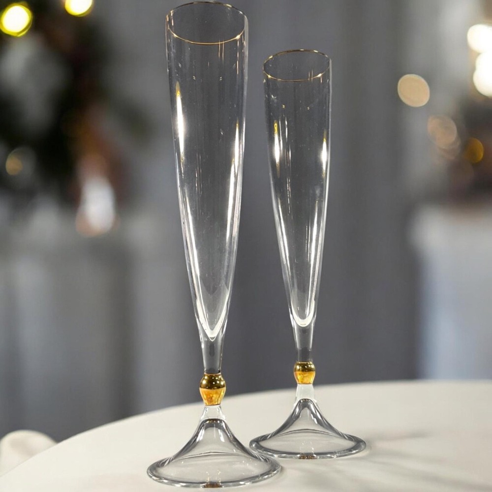 Vtg Crystal Remembrance Champagne Flutes 24K Gold Trim Set of 2 -11.25” Tall