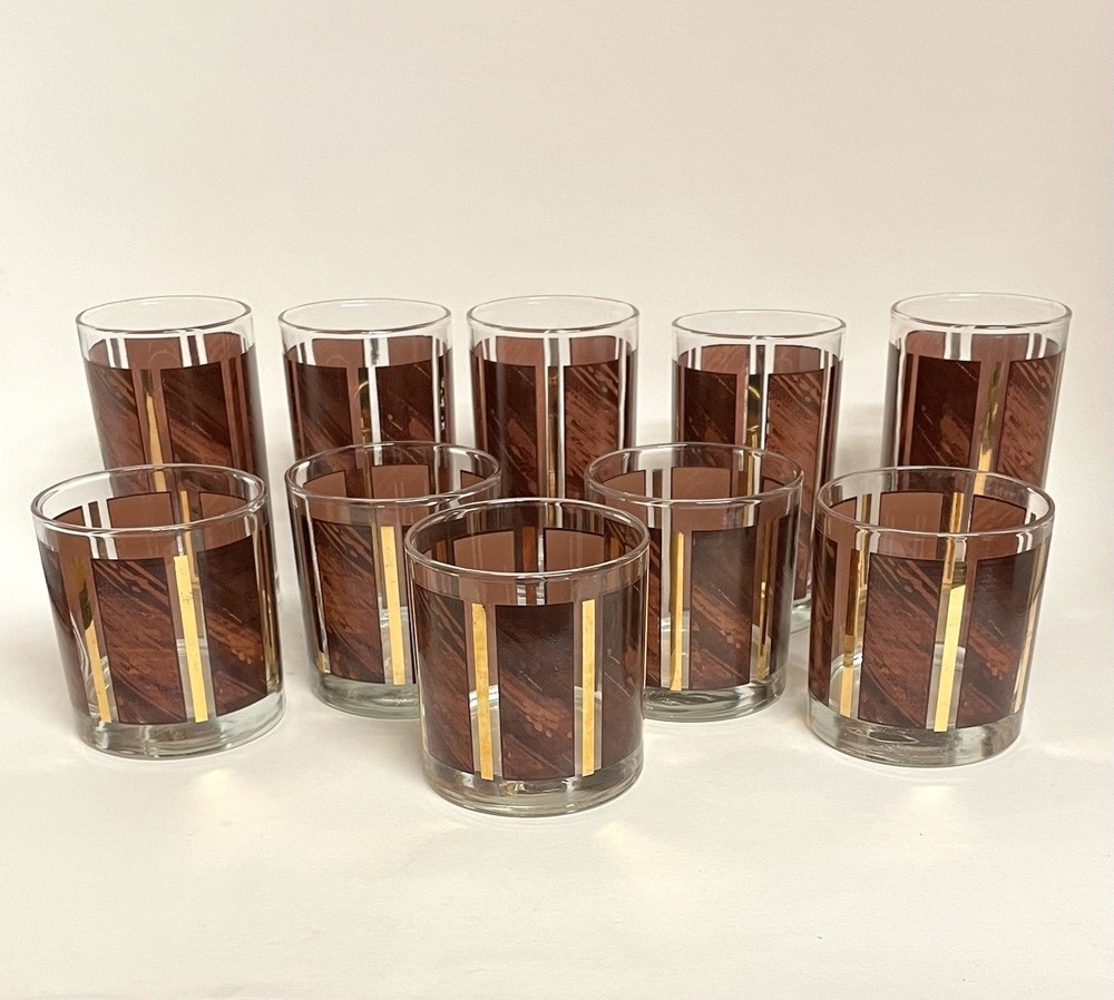 10 ct Vintage Libbey Wood Grain Gold Stripe Tumblers & Old Fashion Rocks Glasses