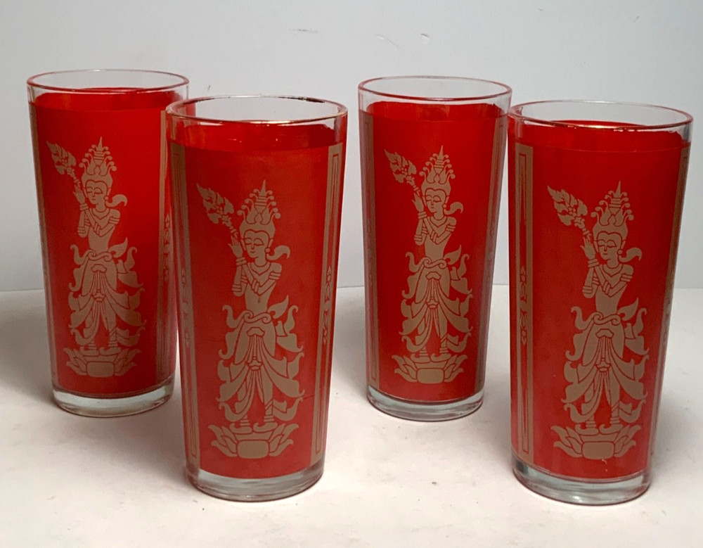 Set of 4 Vintage 1960s Culver Mandalay Red Siam Thai Goddess Glass Tumblers 6.5″