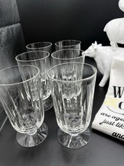(6) Footed Crystal Water/Juice Glasses-5 1/2″ x 3″ with a wafer Design on stem.
