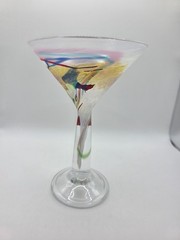 Signed Studio Art Glass Martini Glass Hand Blown Multicolor Swirl Thick Stem