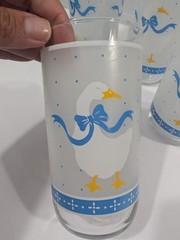 4 Libbey COUNTRY GOOSE LRS98 Geese Duck Blue Ribbon Frosted Glasses Cottagecore