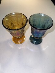 Vintage Indiana Glass Iridescent Blue And Amber Carnival Glass Grape Goblets