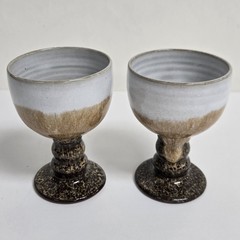 Set Of 2 ~ 1970s WOBURN POTTERY ~ Brown & White Hand Thrown Goblets ~ ENGLAND