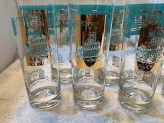 Lot of 7 Vintage Libbey Southern Comfort 22K Gold & Aqua Riverboat Barware GUC