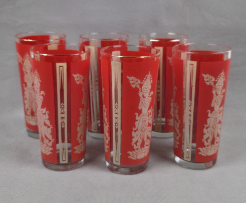 6 Vintage Culver Glass Mandaly Red Siam Thai Goddess Drinking Glasses 16 oz