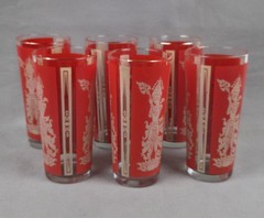 6 Vintage Culver Glass Mandaly Red Siam Thai Goddess Drinking Glasses 16 oz