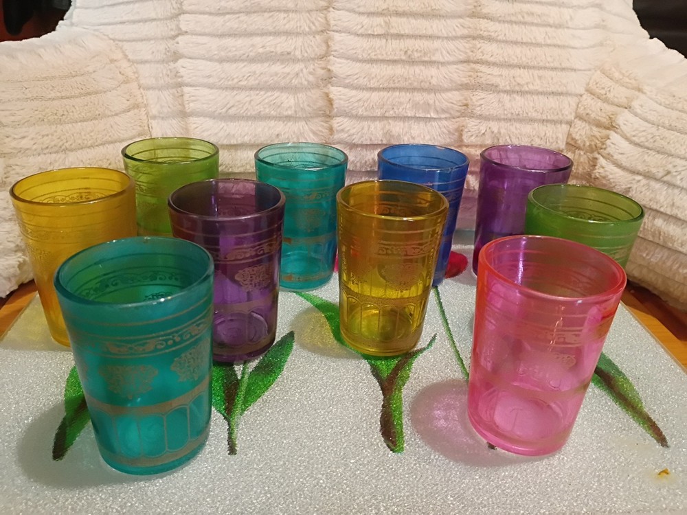Moroccan Gold Trim OKAY Tea Glasses Vintage (10) Pink Yellow Blues Green Purple