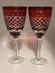 Pair of Ruby Red, and clear Bohemian wine goblets,