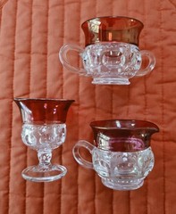 Tiffin Kings Crown Thumbprint Cranberry Clear Cordial Glass, Sugar, Creamer 3pc!