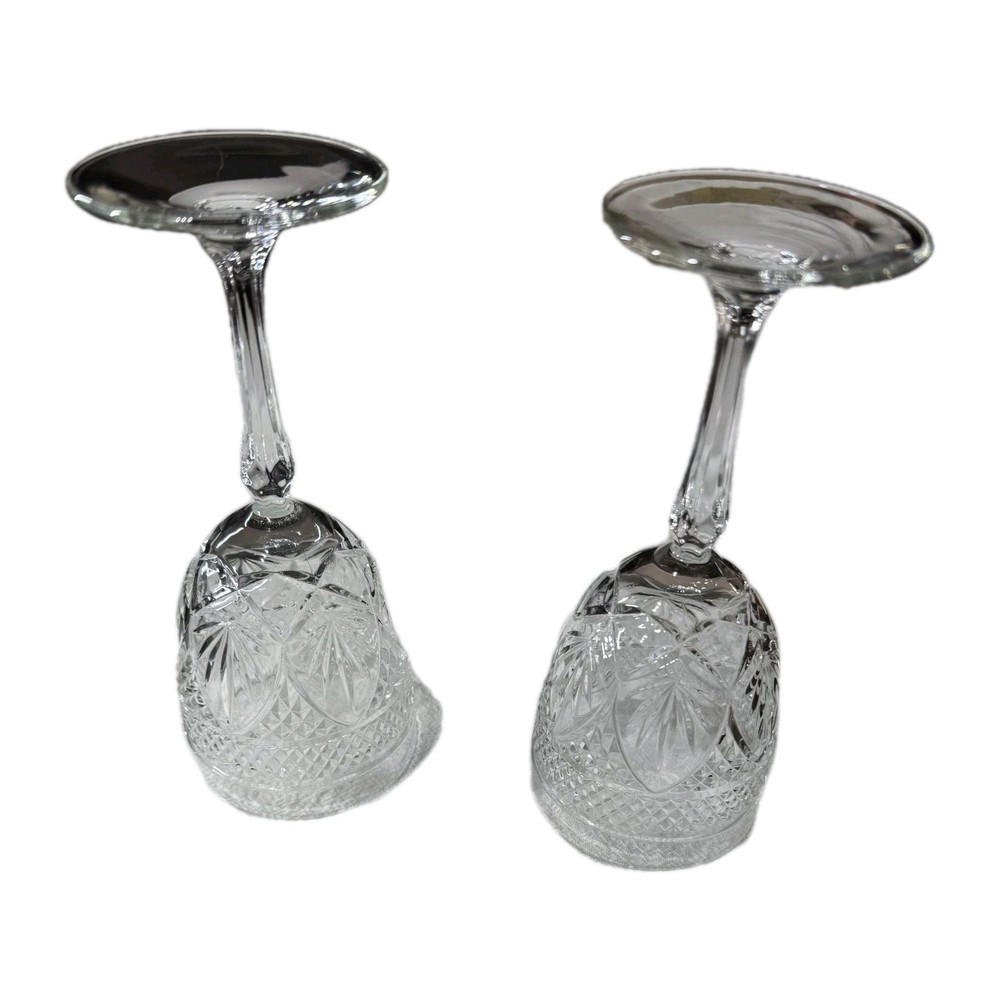 Pair of Vintage Clear Crystal Water Goblets 7″ Diamond & Fan Cut Glass 7oz #0211