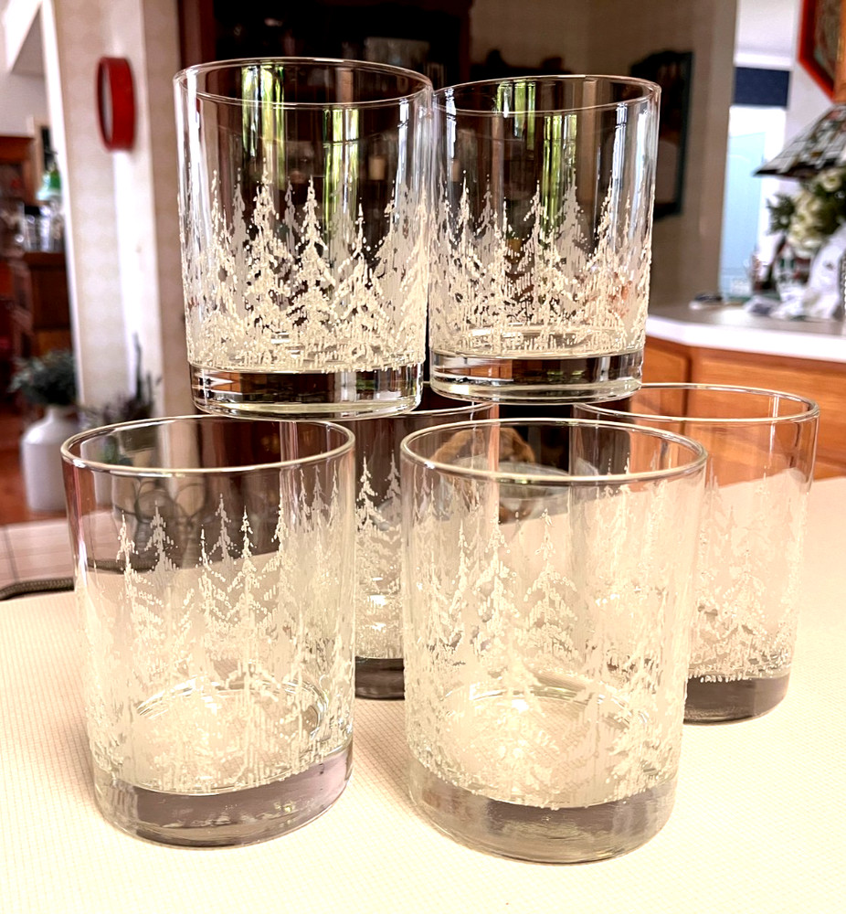 Set of 6 LIBBEY FROSTY PINES 4″ Double Old Fashioned Glasses Textured White Tree