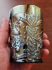 Silvery Bue Fenton Carnival Glass Fluffy Peacock Pattern Tumbler
