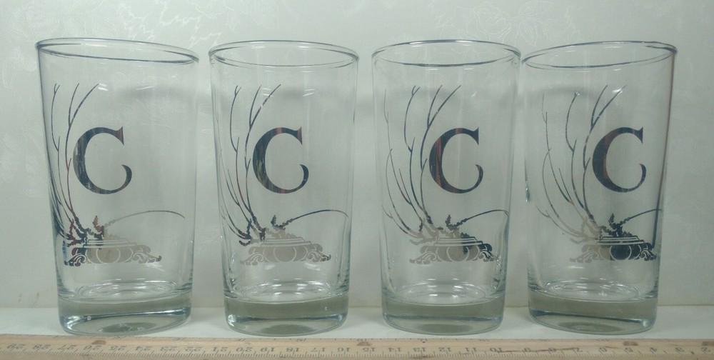 Mid Century Highball Drink Glass Tumbler set of 4 w/ Silver Monogram Letter C