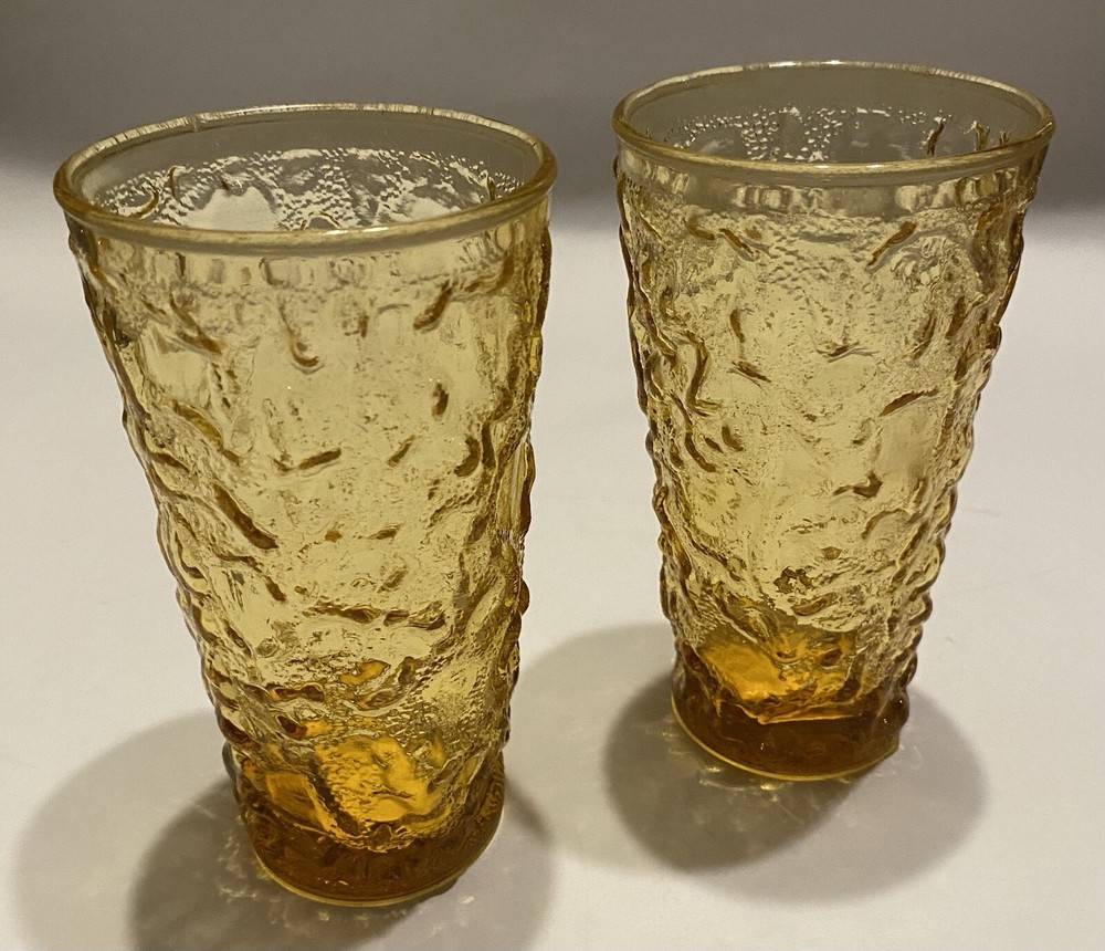 2 Vintage MCM Anchor Hocking Honey Amber Crinkle Tumblers Drinking Glasses 5.5”