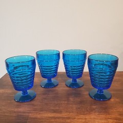 VTG Set of 4 Ocean Blue Pressed Glass Water Goblets Glasses MCM Beach Barware 5″