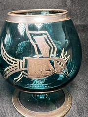 VTG SET 2 BOHEMIAN SILVER OVERLAY SMOKY GREEN BRANDY COGNAC SNIFTERS BIRD WOLF