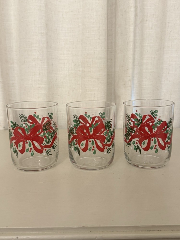Vintage Libbey Christmas Glasses Set of 3 10oz Rocks Tumbler Red Bow Pine 4″