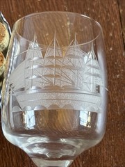 Vintage Toscany Romanian Crystal Wine Glasses with Tall Ship Etching