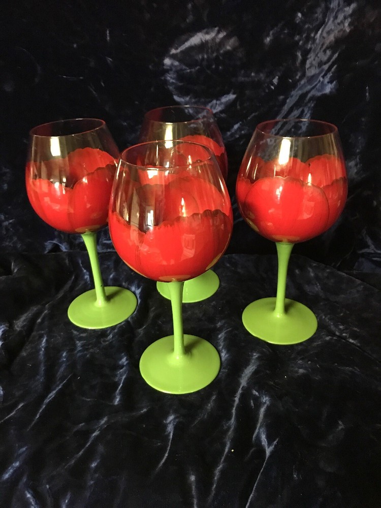 4 Hand Painted Flower 22oz Stemmed Goblets