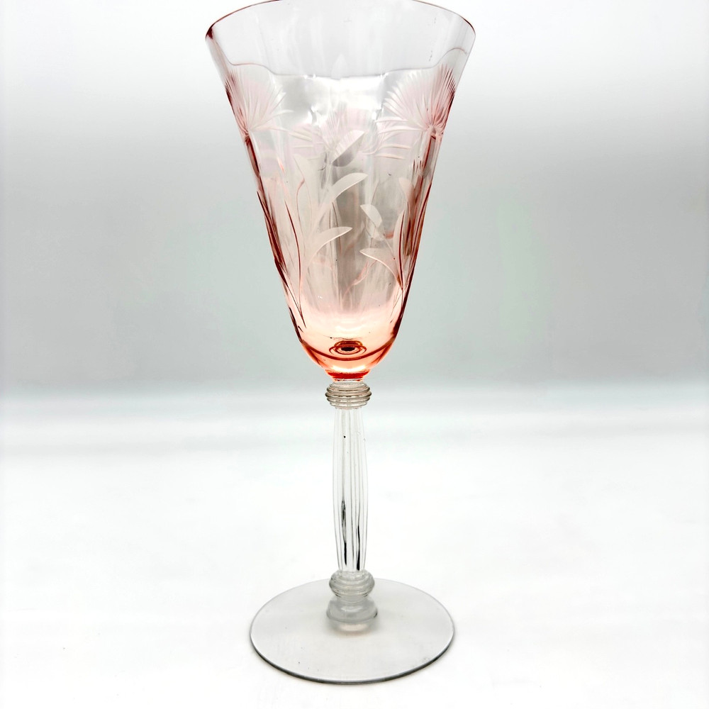 VTG Tiffin Flanders Pink Etched Poppy Water Goblet 8.25″ Ribbed Stem 15024 9oz