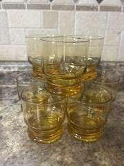 Set of 8 Vintage MCM Harvest Gold Low Ball Glasses w/Goldtone Metal & Wood Caddy