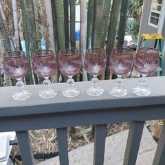 Six 6 Purple Cranberry Engraved Floral Cut to Clear Wine Glasses Goblets Vintage