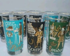 Vtg Libbey International Cities of The World S/8 Highball Glasses w/ Carrier