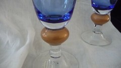 #1120 Water GLASS 2 Goblet BLOCK Crystal 7″ T STEMED BLUE w Mustard Gold & Clear