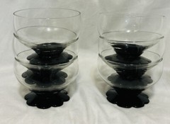 HC Fry Set Of 6 Art Glass Footed Black Petal Sherbets 3”H 3.25”D