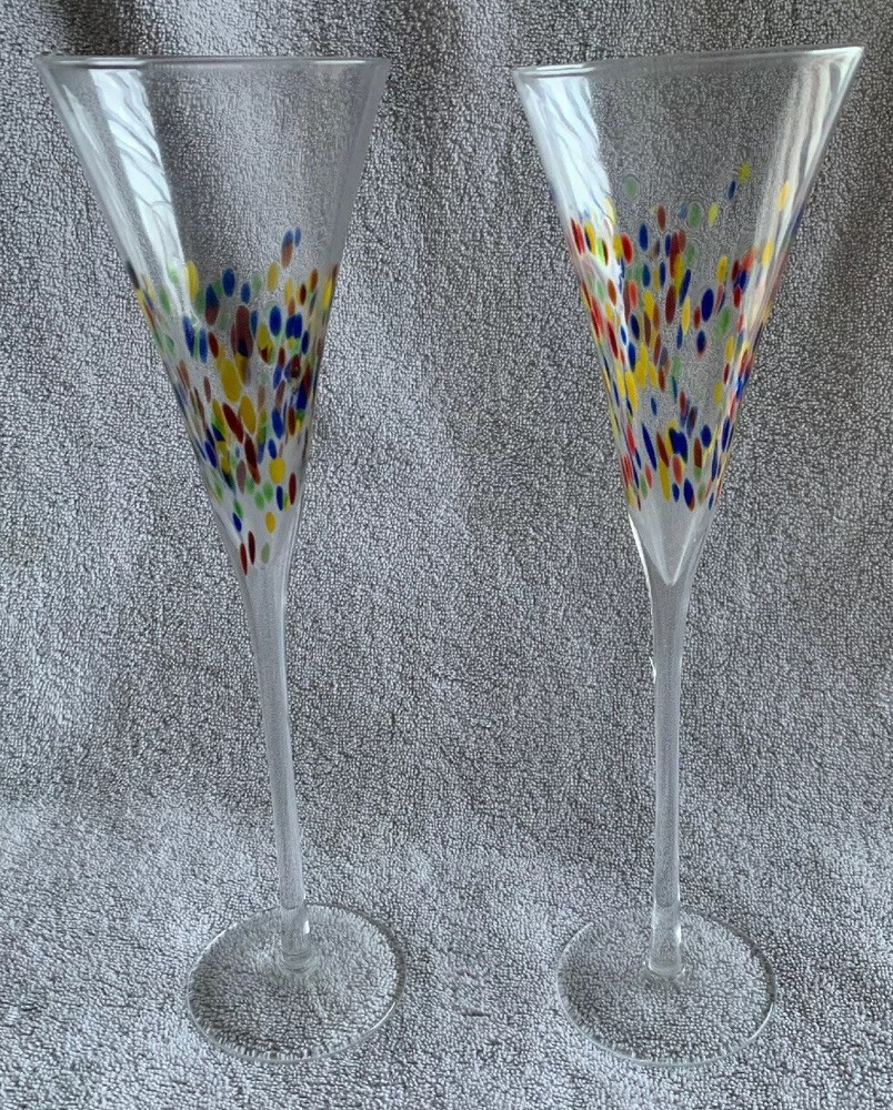 Very Tall Millefiori CHAMPAGNE FLUTE GLASSES (2) Crystal 11” VHTF Thin Stem