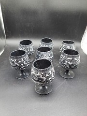 Vintage Black And White Etched Stoneware Goblets Taiwan