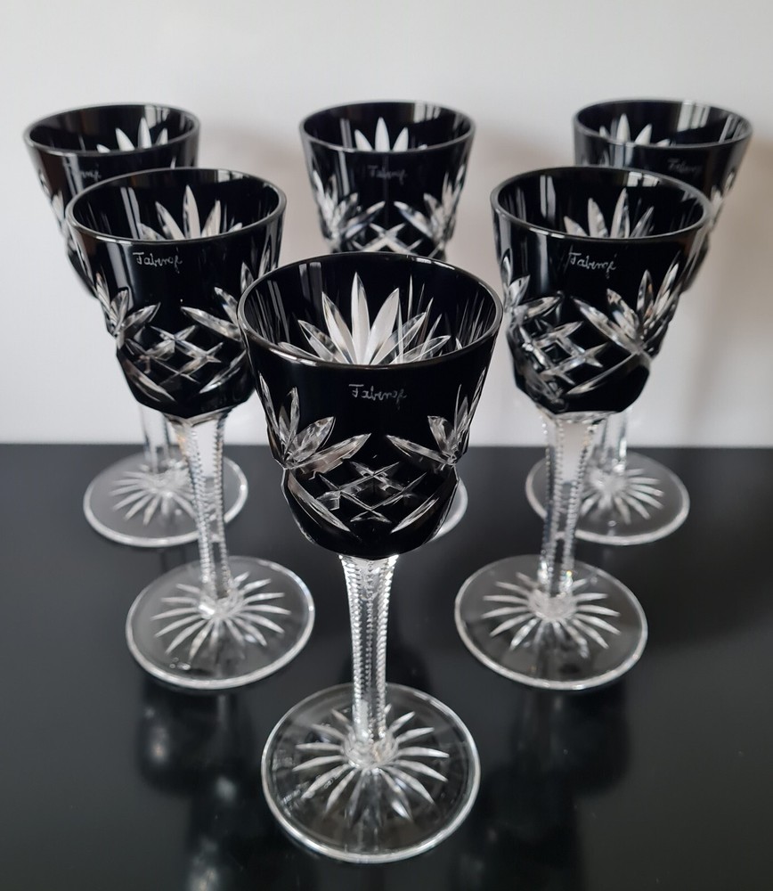 SIX FABERGE NA ZDOROVYE BLACK CASED CUT TO CLEAR CRYSTAL CORDIAL GLASSES, MARKED