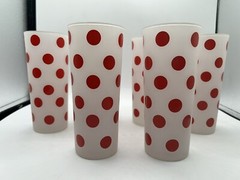 Vintage Set Of 6 Anchor Hocking Iced Tea Red Polka Dot Frosted Glass Tumbler MCM