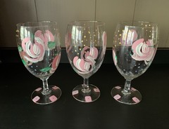 Hand Painted Floral Water Goblet Glasses Set Of 3
