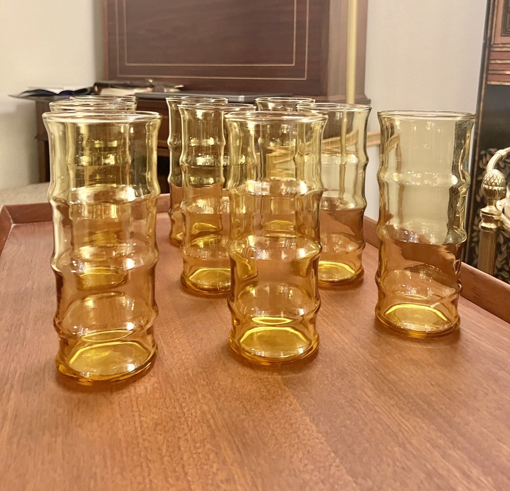 9 Vintage Libbey Amber Bamboo Tiki Highball Glass, 7″ Tall 70s Bloody Mary