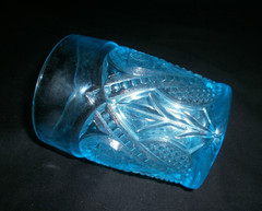 EAPG Paden City Etta Pattern Glass Tumbler Glasses 2 Blue 1 Amber Circa 1918