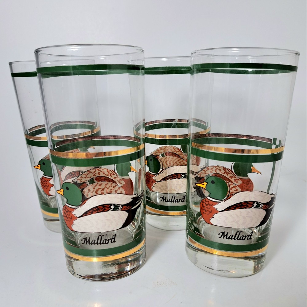 4 Vtg Libbey Mallard Duck Decoy Crystal 22K GOLD Trim Tumblers Glasses Bar 15oz